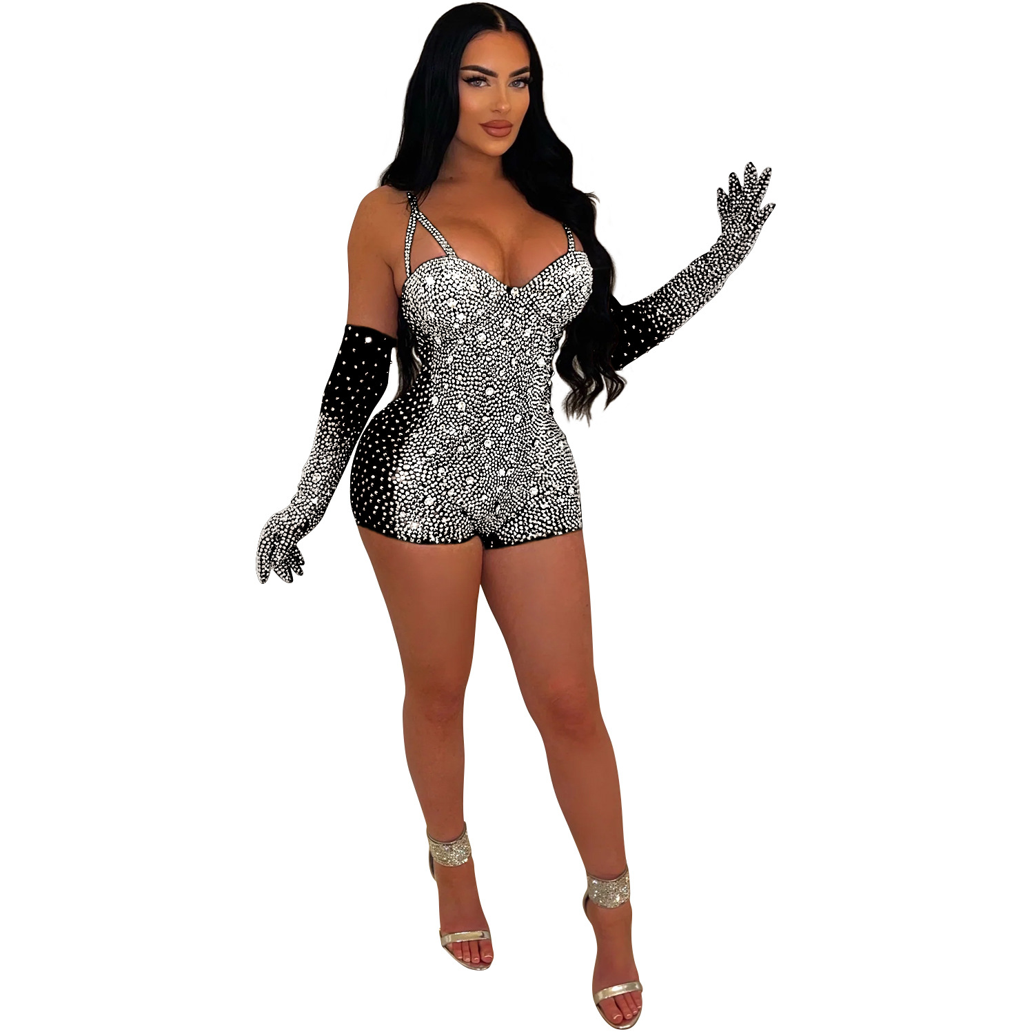 C6902 Aliexpress transfronterizo Amazon Europa y América de moda de mujer de color sólido malla de diamante transparente pantalones cortos monje