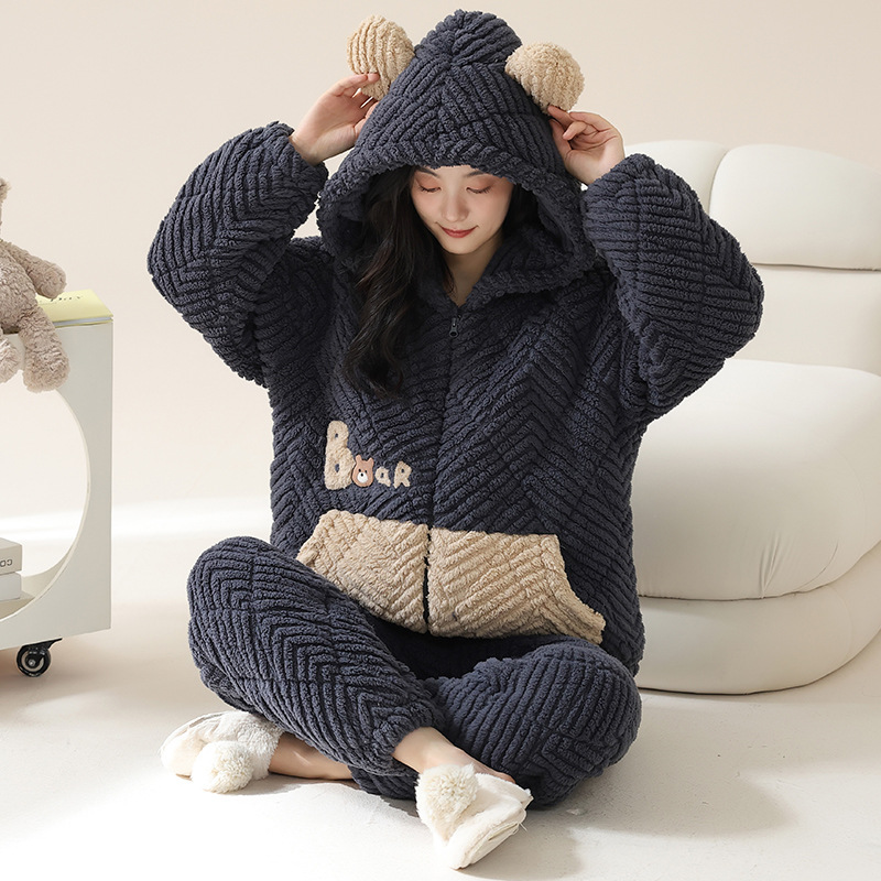 여성용 새 겨울 잠옷 플러스 벨벳과 두꺼운 산호 벨벳 3 레이어 퀼트 가디건 후드 심플 홈웨어 세트