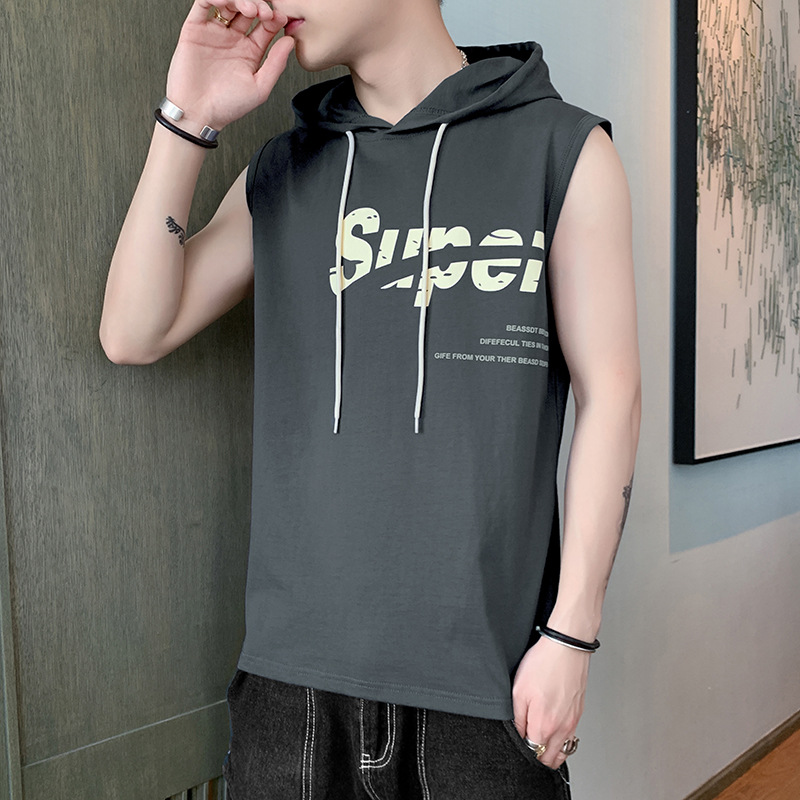 New men's sleeveless T-shirt top, camisole, summer sports vest, pure cotton round neck printed casual clothes_voghion.com