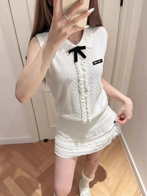 学院风翻领针织毛衣背心女2025夏季新款修身辣妹木耳边无袖上衣|undefined