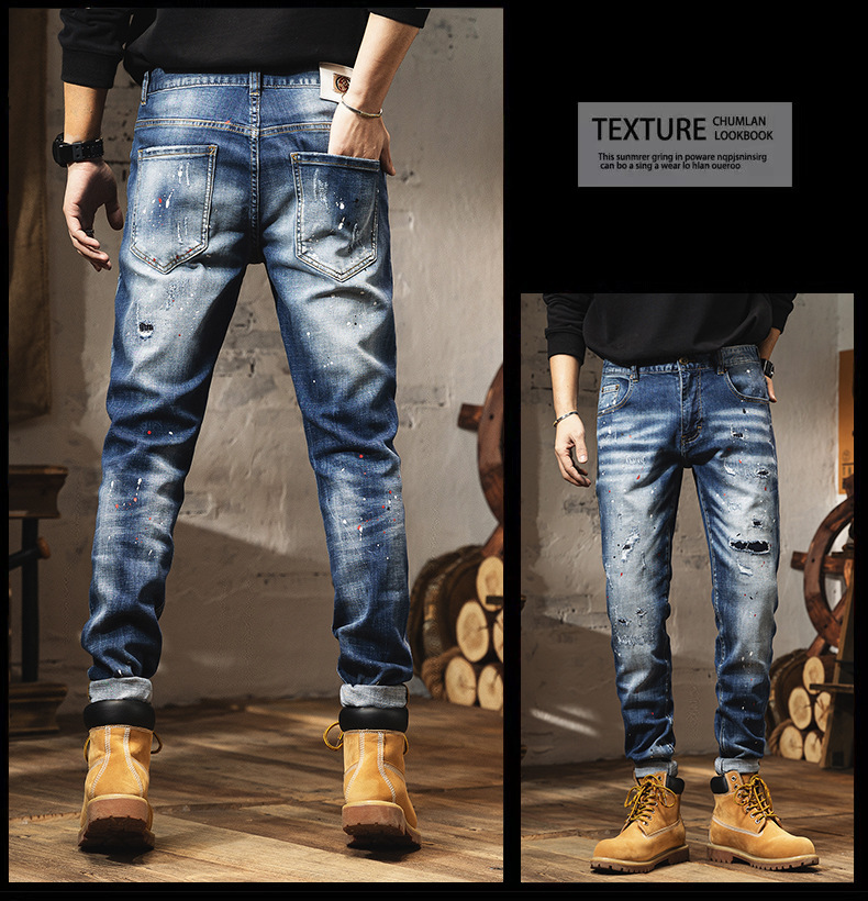 Men's Clothing Retro Light-colored Jeans For Men In Spring Trendy Brand Ripped Trousers Slim Fit Small Feet Washed Men's Trousers Spring And Summer_voghion.com