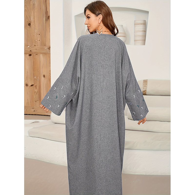2025 New Cross-Border Bat-Sleeve Muslim Robe, Middle Eastern Elegant Cardigan With Moon Embroidered Sleeves Dress_ecoleips.com