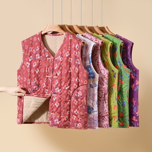 2024 Winter Mother Wearing Vest Women's Vest with Flower Vest Retro Floral Wearing Thickened Warm Padded Waistcoat