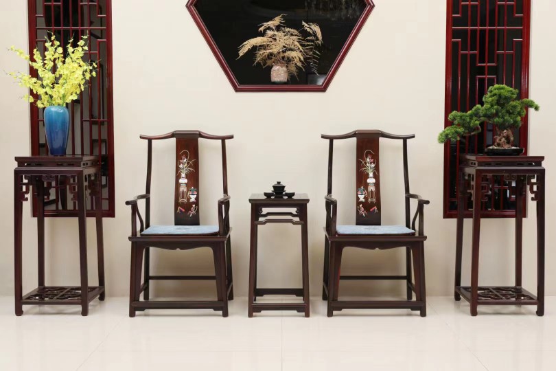 南美红酸枝微凹黄檀百宝嵌博古纹官帽椅仿古典新中式红木家具