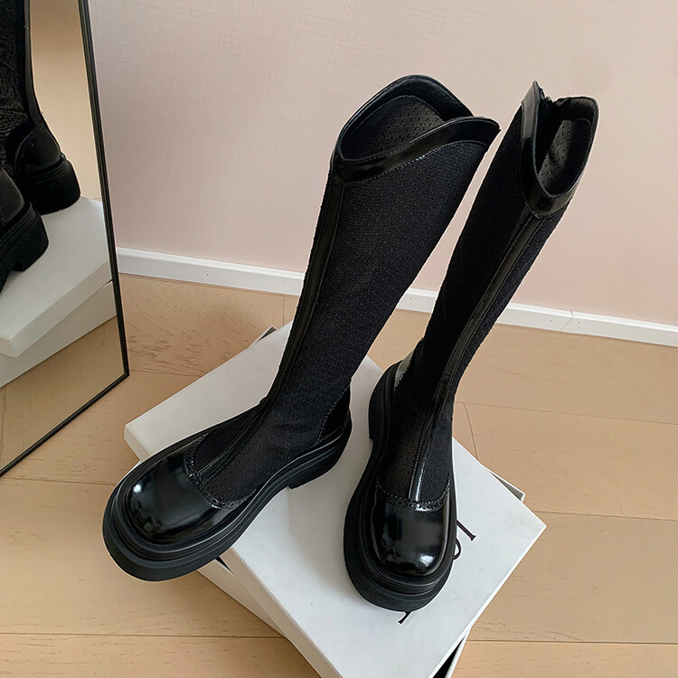 Boot lưới da thật cổ cao mũi tròn đế dày phối màu thoáng khí mùa hè — Màu đen cổ ống lớn, Ống nhỏ màu đen, Chu vi ống lớn màu trắng Be, Ống nhỏ màu be chi tiết 17