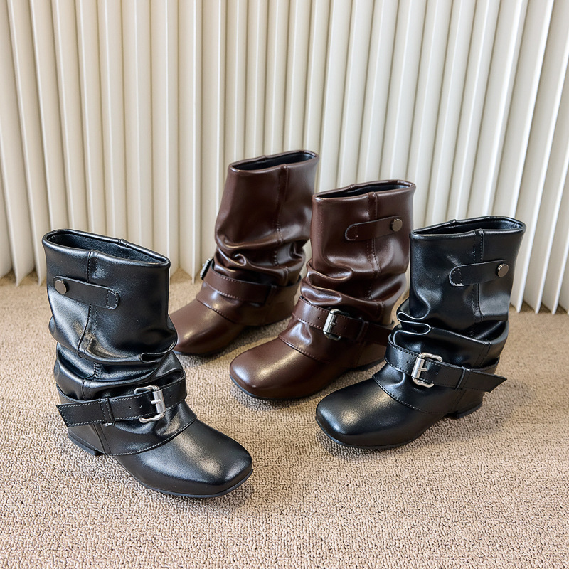Girls' Boots 2026 New Style Pleated Stacked Boots Retro High Heel Fashion Show Runway Performance Versatile Knight Boots for Children