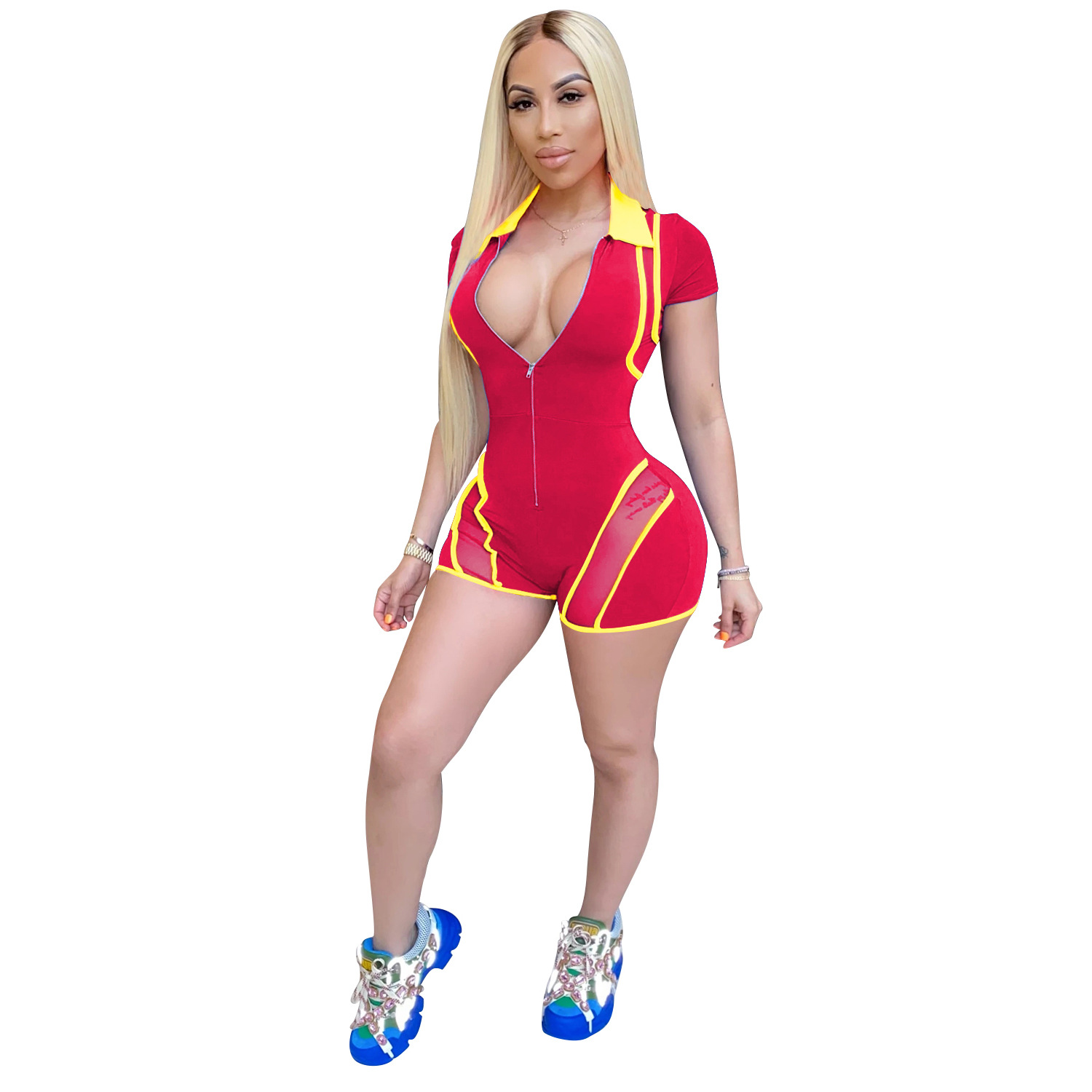 sexy deep v color matching see-through mesh shorts jumpsuit NSXYZ123721