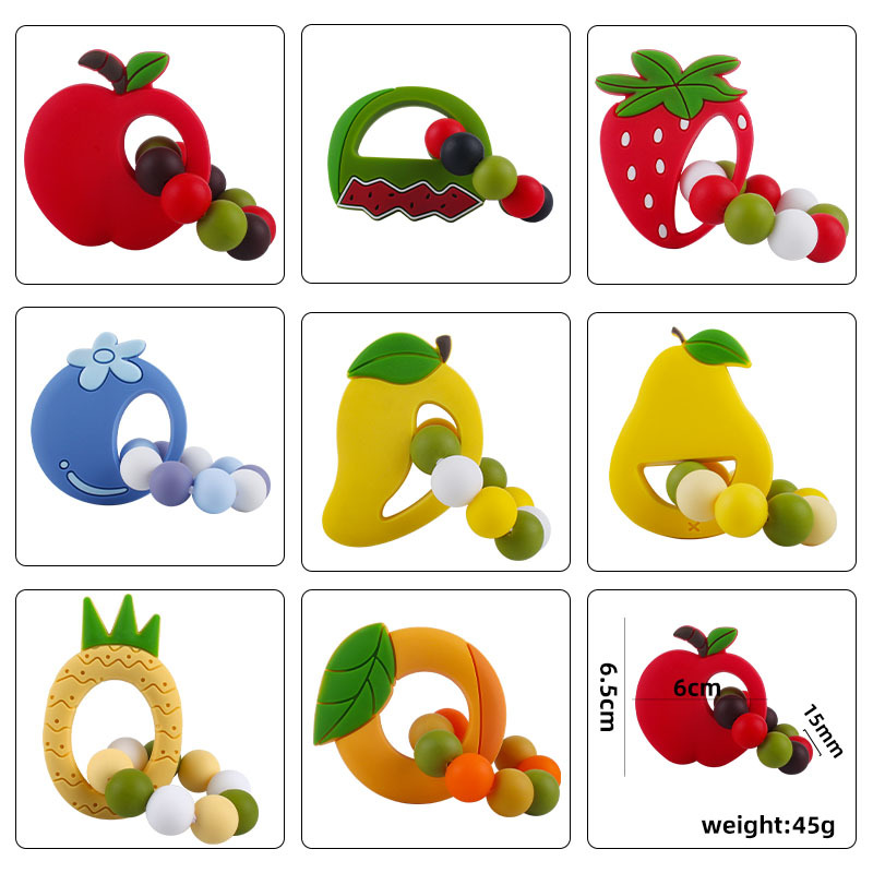 Nueva DIY creativo dibujos animados silicona fruta juguetes infantiles suministros fresa mango teether pulsera teether stick