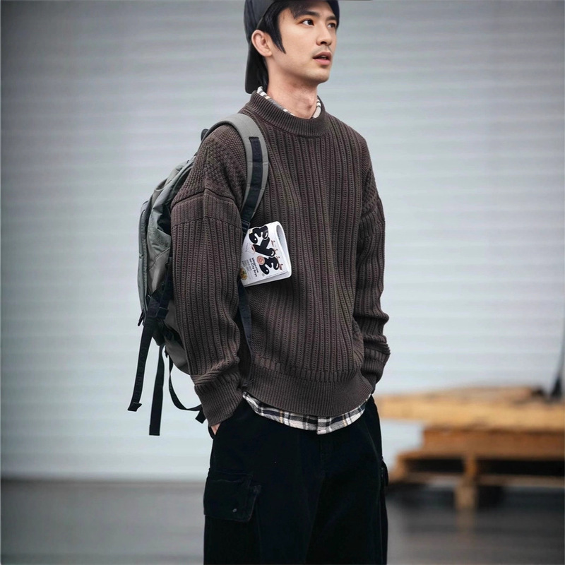 Japanese Retro Sweater for Men, Autumn and Winter Trendy Brand, Loose Fit, Versatile, Fluffy Feel, Crew Neck Knitwear, Casual Jacket for Men
