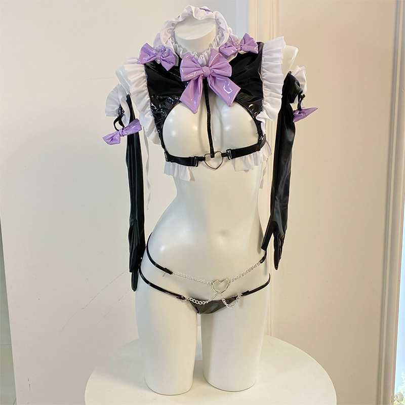 Sexy lingerie uniform temptation patent leather split sexy anime cute backless maid with gloves purple