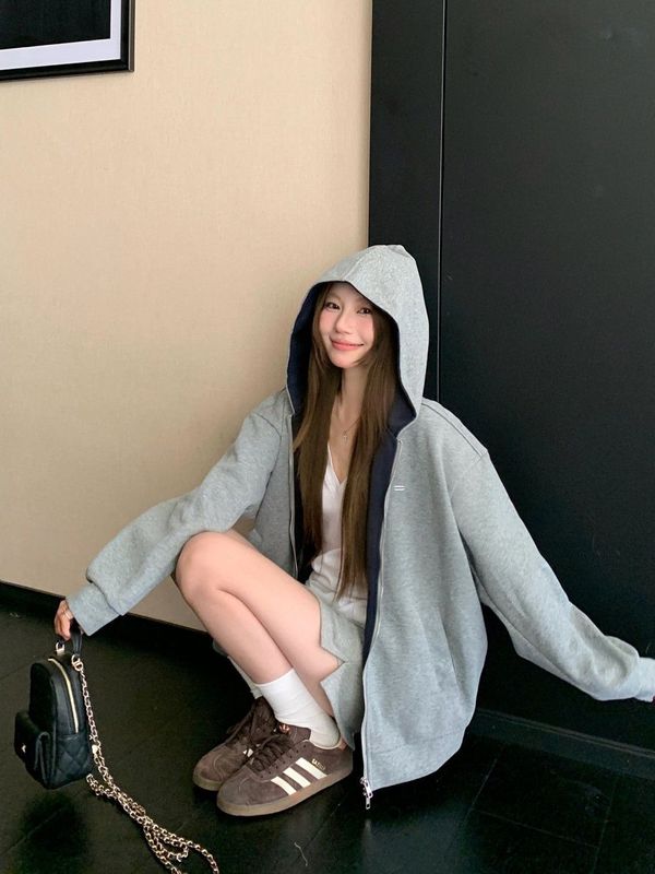 工厂自制 美式撞色连帽卫衣外套女2025新款早秋穿搭慵懒上衣开衫|undefined