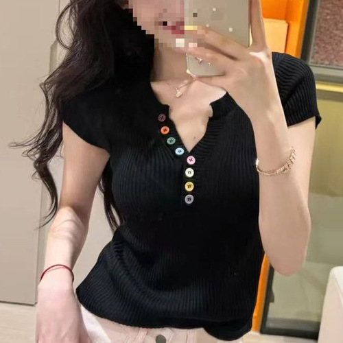 V-neck short-sleeve versatile knit sweater for women—summer, slimming, uniquely stylish, and beautifully crafted with a delicate yellow-colored button detail.