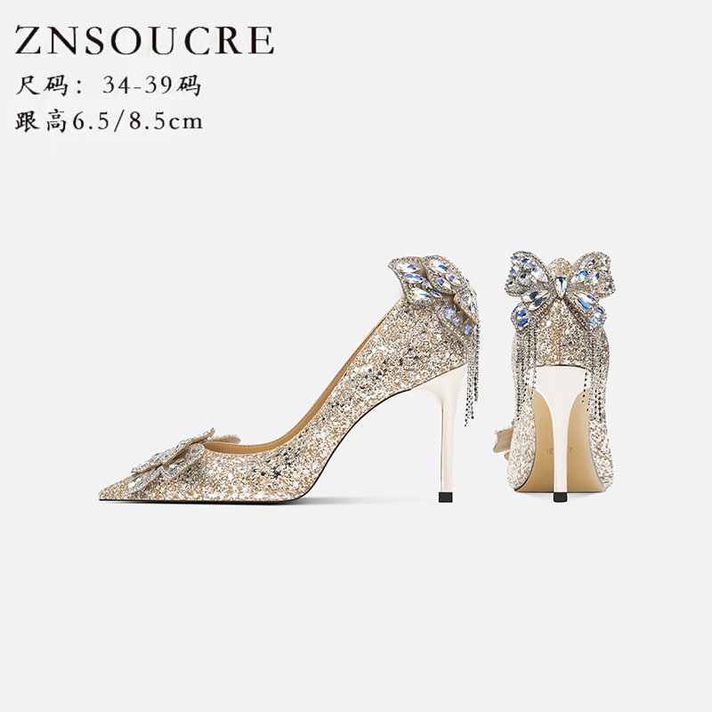 Design shiny wedding shoes pointed-toe with butterfly low-cut…