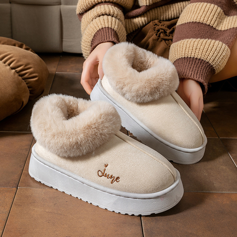 Thick-Soled Bag-Heeled Cotton Slippers for Women in Autumn and Winter, Plush Cotton Shoes for Home Use, Warm Snow Boots for Couples to Wear Outside