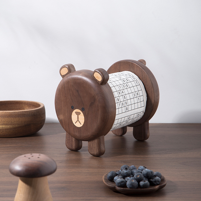 Nordic Style Solid Wood Bear Paper Towel Holder Creative Household Items Roll Paper Holder Desktop Living Room Kitchen Paper Towel Holder