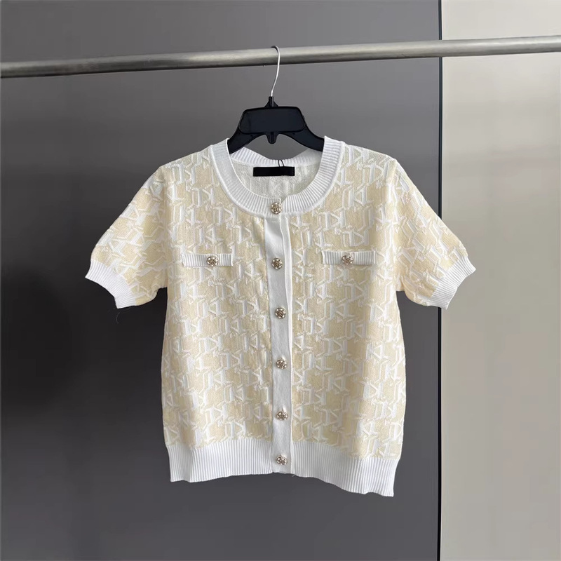 0525 American K-Style Women's Clothing Spring and Summer New Jacquard Letter-Print Round Neck Buttoned Casual Short-Sleeve Knit Cardigan 0525 American K-Style Women's Clothing Spring and Summer New Jacquard Letter-Print Round Neck Buttoned Casual Short-Sleeve Knit Cardigan
