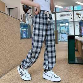 女童裤子夏季冰丝防蚊裤束脚裤女孩子夏款格子休闲长裤宽松垂坠潮