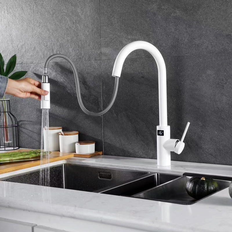 Kitchen touch induction stainless steel faucet vegetable basin induction display pull-out type rotating household hot and cold faucet