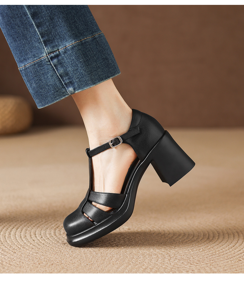 Sandal nữ cao gót phong cách La Mã, mũi kín gót kín, đế dày da bò, gót 7 cm — đen chi tiết 16