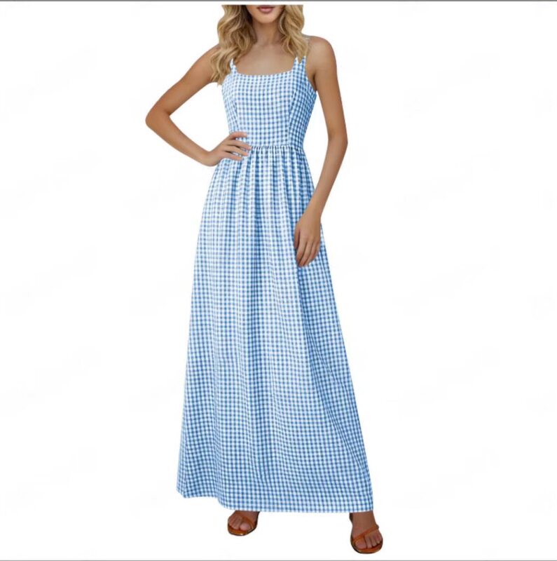 2026 Amazon Cross-Border Summer Women's Plaid Square-Neck A-Line Casual Beach Vacation Long Sun Dress