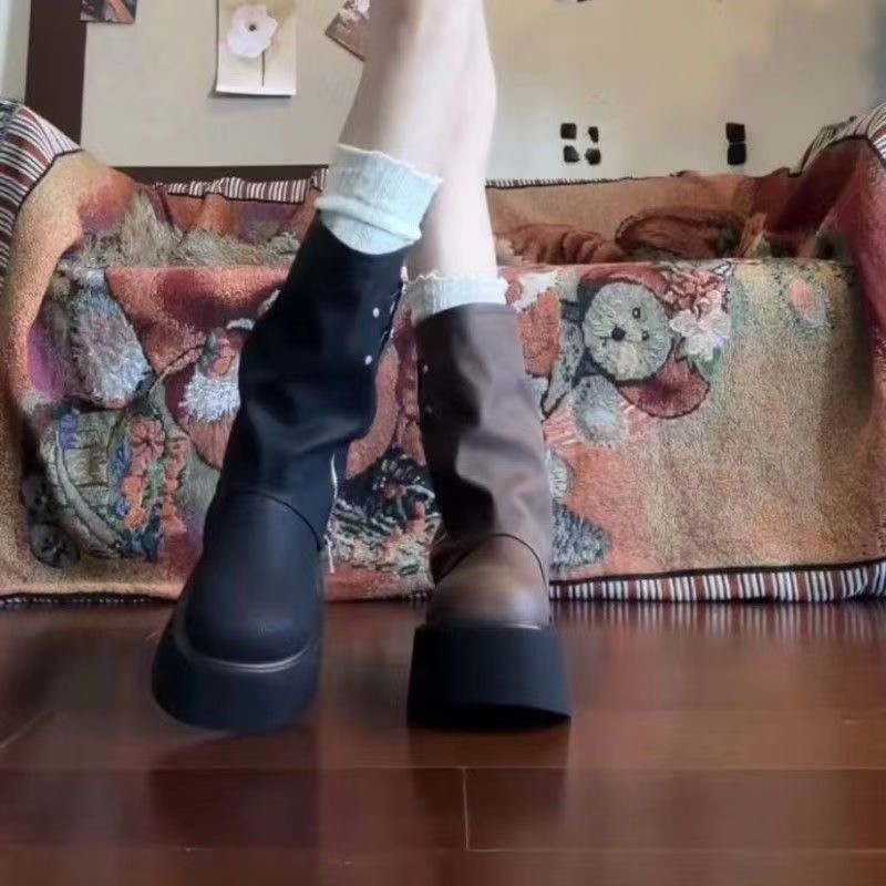 韩版圆头时装靴厚底短靴女圆头皮带扣时尚百搭套筒拉链裤管靴气质|undefined