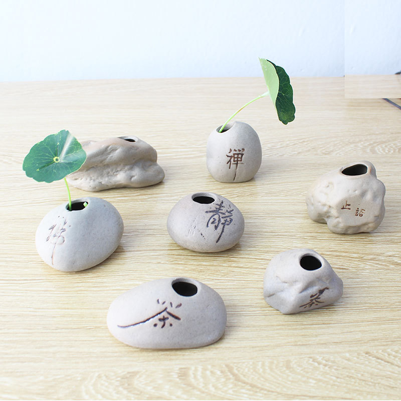 Mini Small Vase Ceramic Imitation Small Stone Flower Vessel Home Decoration Coarse Pottery Hydroponic Flower Arrangement Green Plant Fish Tank Landscaping