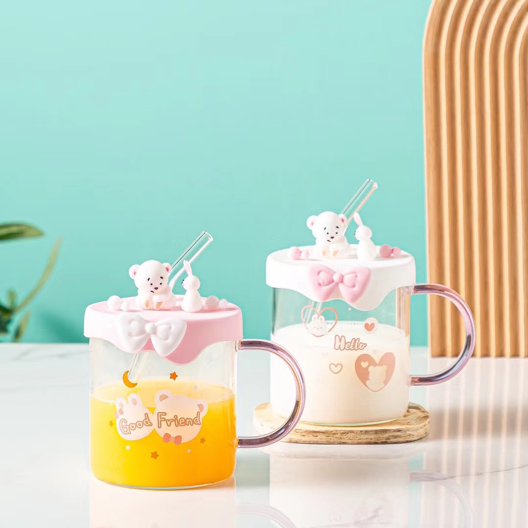 Animal lindo de la historieta vidrio transparente con tapa silicona personalizada taza paja Rosa chica corazón regalo