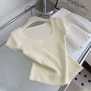 大朗针织衫法式蕾丝拼接方领针织短袖T恤女夏季甜美显瘦正肩上衣