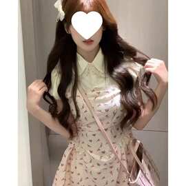 （跨境爆款）可爱娃娃领泡泡袖假两件设计连衣裙女生夏季收腰a字