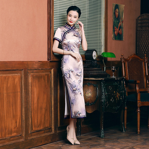 Old shanghai Chinese Dresses flowers oriental qipao for women mulberry silk real silk elegant fashion runway daily long young mother cheongsam restoring ancient ways