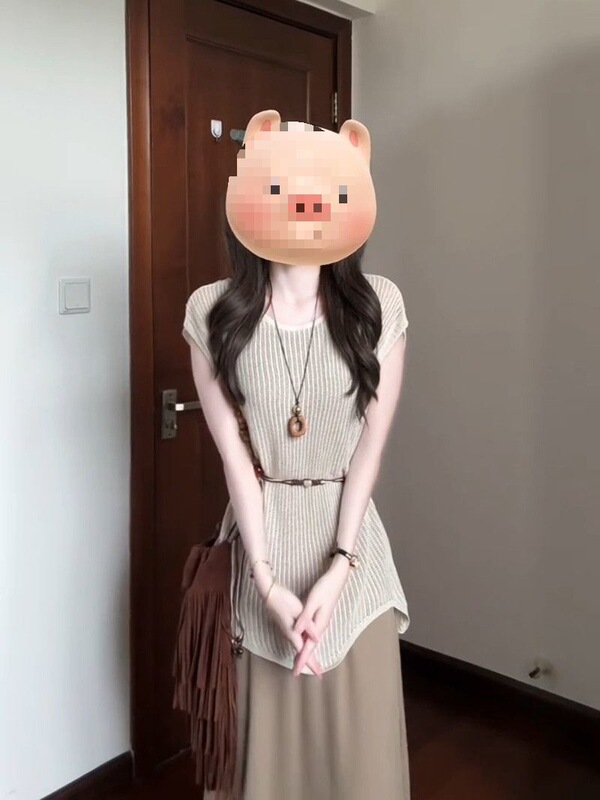 套装女夏新款纯色腰链针织镂空罩衫高腰显瘦百搭背心连衣裙两件套|undefined