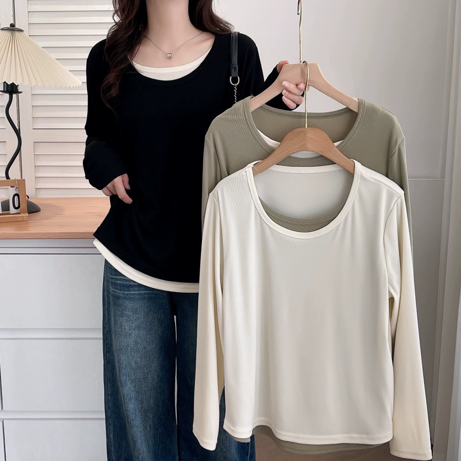Женская одежда большого размера осенью мода контрафактная фальшивая две рубашки с круглым вырезом, свободная футболка с длинными рукавами 306654
