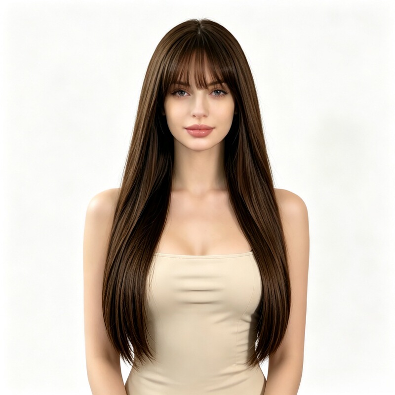 Temu New Product Air Bangs Long Straight Hairstyle Wig European and American Foreign Trade Brown Long Hair Realistic Wig Factory Ready Stock Temu New Product Air Bangs Long Straight Hairstyle Wig European and American Foreign Trade Brown Long Hair Realistic Wig Factory Ready Stock