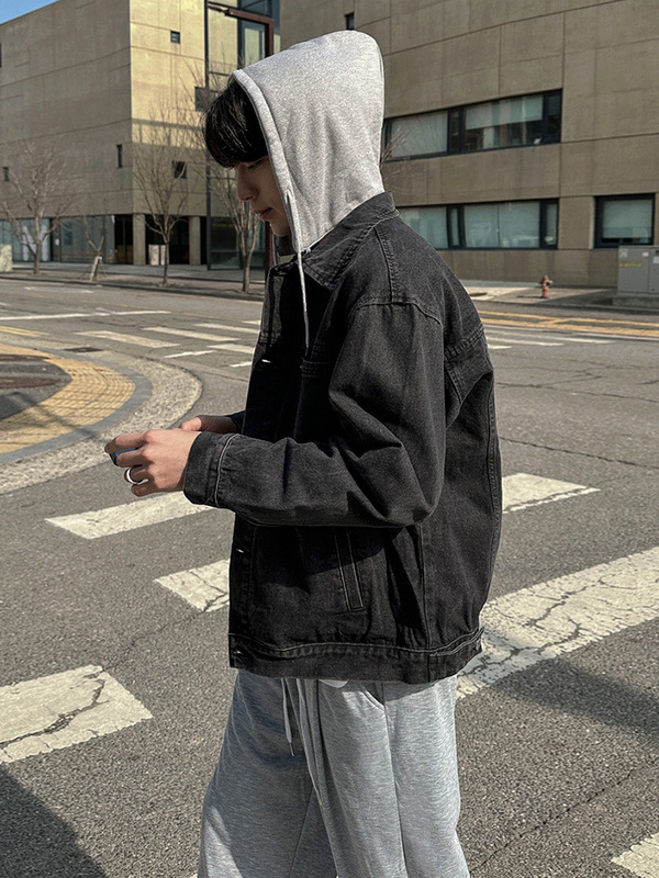 MYQ假两件连帽牛仔外套男秋季宽松休闲上衣韩系通勤复古风穿搭|undefined