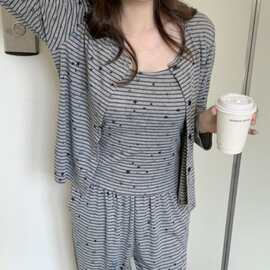 韩国ins女士秋季新韩系针织条纹繁星三件套带胸垫家居服睡衣套装