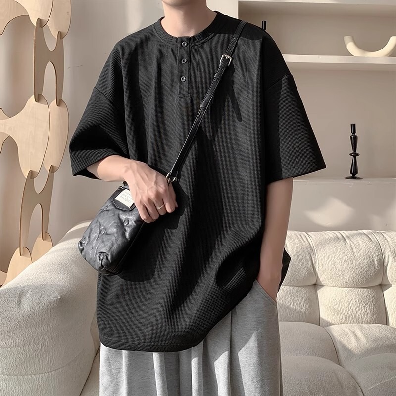 Trendy Henry Collar Waffle Short Sleeve T-Shirt for Men, Summer Loose Fit Plus Size Casual Stand Collar Half Sleeve