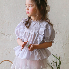 2024 Summer Strawberry Shan Korean Children's Clothing Children's Girls Fashion Lace Waist Pure Color Shirt 