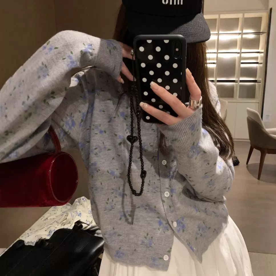 复古碎花毛衣开衫女春秋高级感小众设计圆领针织衫外套小个子上衣