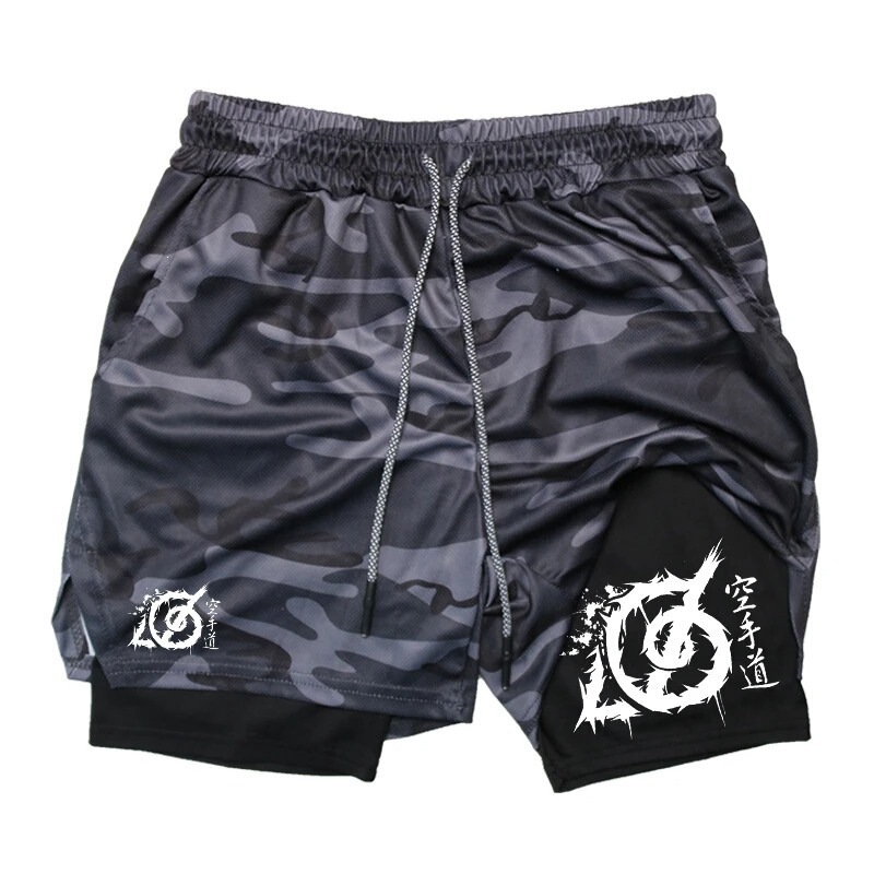 Karate Pattern Two-In-One Men's Fitness Running Shorts with Compression Padding and Towel Loop Sports Shorts