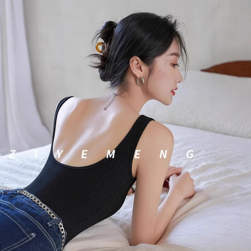 Square Neck Camisole for Women with Breast Pads, New Style Suit with Beautiful Back Bra, One-Piece Outer Wear White Bottoming Top