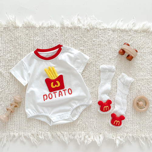 Baby summer clothes thin short-sleeved newborn one-piece bodysuit for men and women baby crawling clothes cute French fries khaki