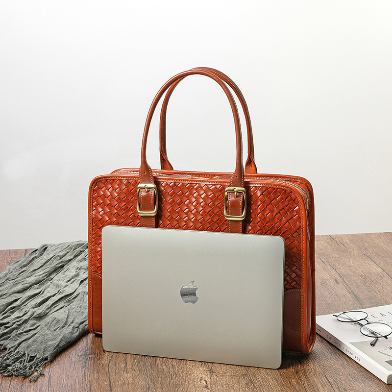 Zhuanshan Hand-Woven Women's Handbag Vegetable Tanned Top Grain Cowhide Leather Men's Office Briefcase Large Capacity Laptop Bag - Thumbnail 3