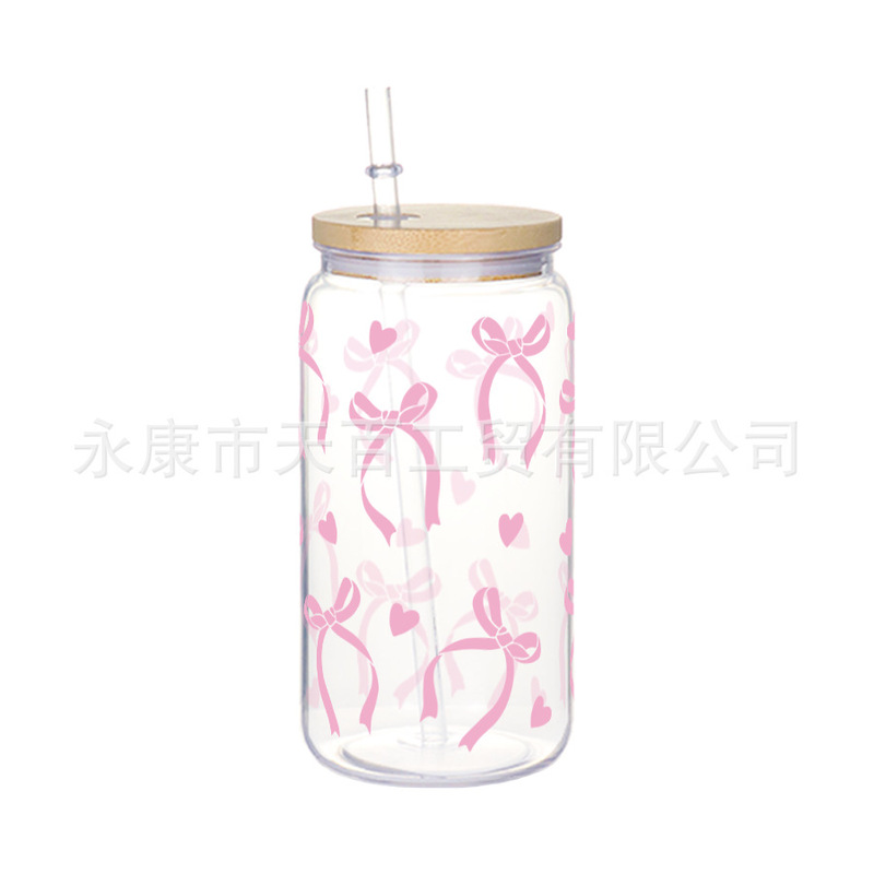 印花易拉罐造型可乐杯单层塑料吸管梅森杯子带盖网红饮料果汁水杯|undefined