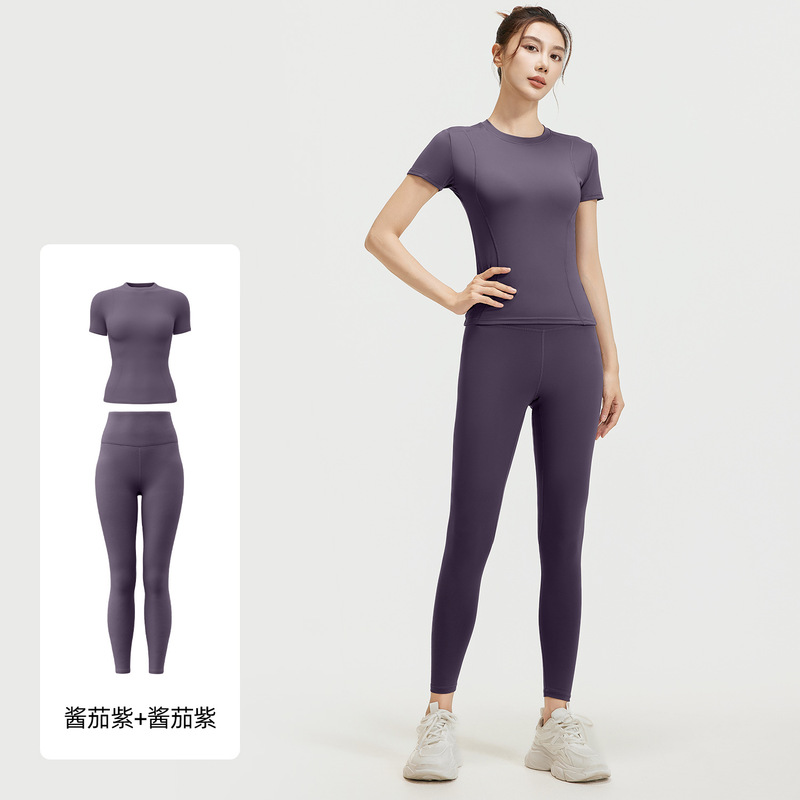 聚衣堂夏季修身瑜伽服跑步健身运动上衣纯色短袖短裤两件套女|undefined