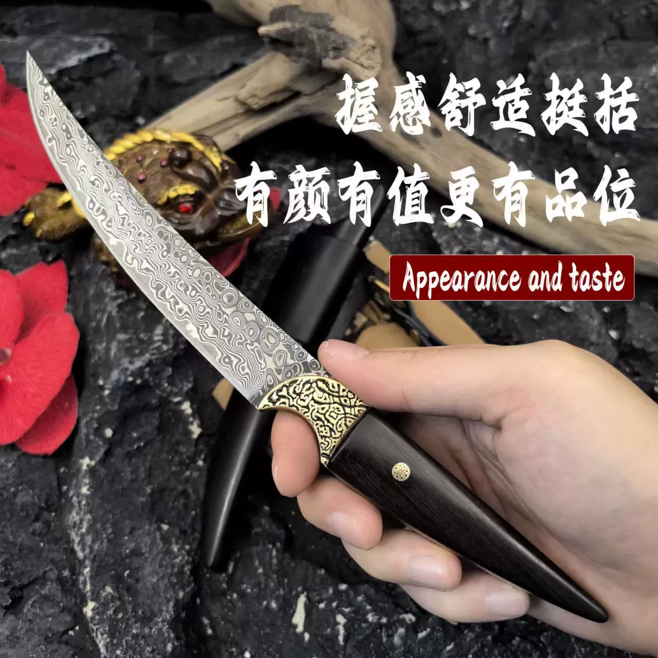 【Xuanyue】Элитная коллекционная подарочная серия дамасская сталь прямой нож объединенный киль черная грифель из ebony рукоять гравировка латунь