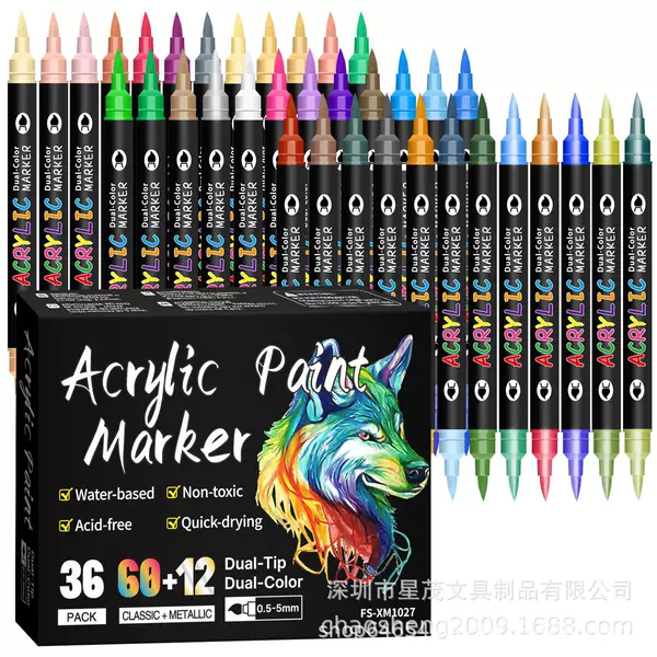 Cross-Border Double-Ended Two-Color Acrylic Marker Pen Set Soft-Head Water-Based Opaque Painting Art Acrylic Pen