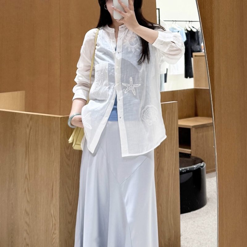 In Stock: Ed Series Ocean Embroidery Slightly Sheer White Shirt for Women, New Summer Thin Style, Sun Protection, Loose and Breathable Shirt In Stock: Ed Series Ocean Embroidery Slightly Sheer White Shirt for Women, New Summer Thin Style, Sun Protection, Loose and Breathable Shirt