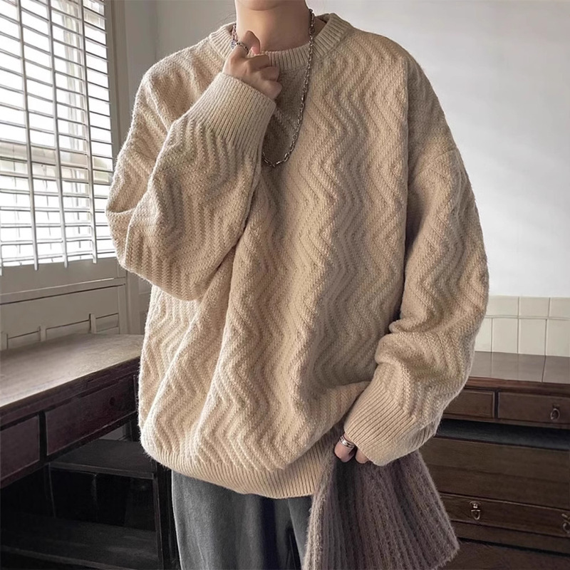Japanese Style Lazy Style Texture Design Solid Color Sweater Men's Autumn and Winter Loose Ins Fashionable Round Neck Sweater Knitted Sweater