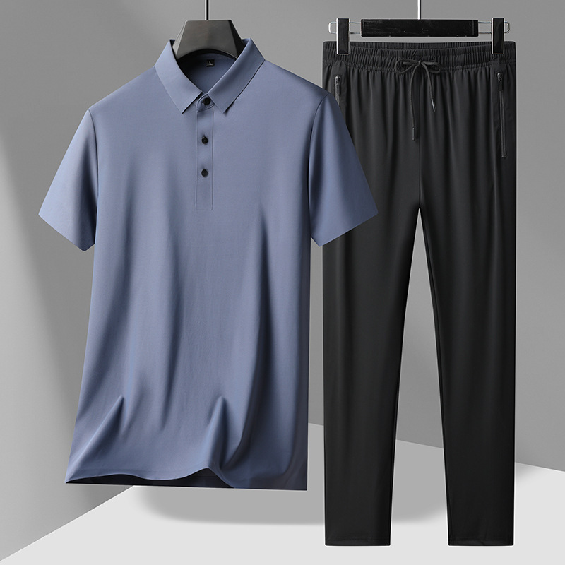 Summer Ice Silk Short-Sleeved T-Shirt Men's Two-Piece Business Casual Loose Thin Polo Shirt Middle-Aged Dad Suit
