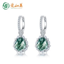 跨境新款绿苔藓耳环女欧美时尚个性S925纯银水草玛瑙耳坠批发定制